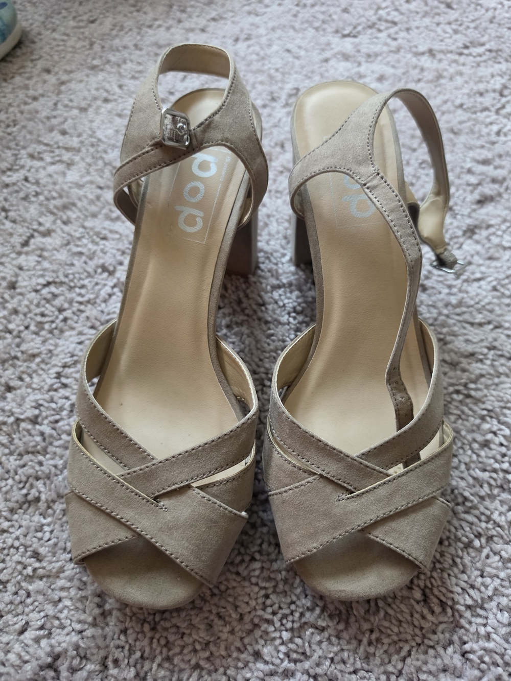 Dollhouse Beige Suede Cross-Strap Block Heel Sandals